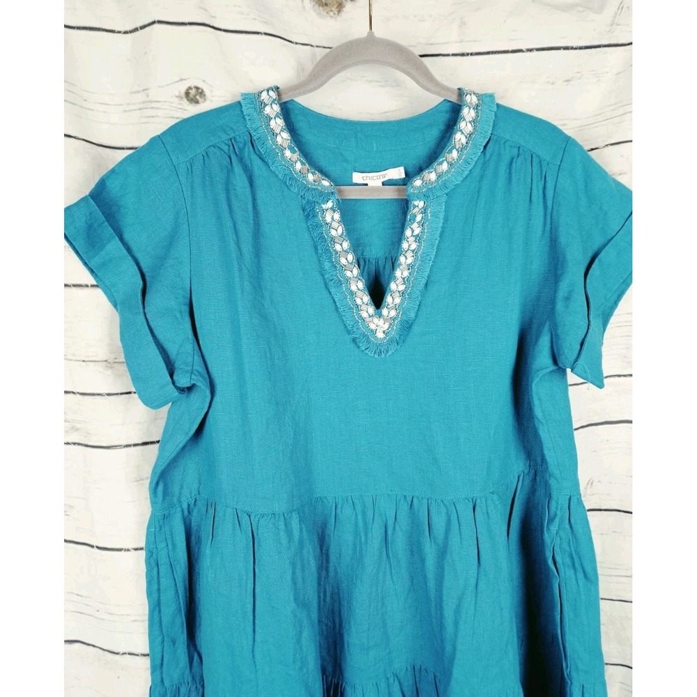 Chico's Teal Beaded Linen Tiered Dress 2 Womens US 12 Midi Ruffle Short Sleeves - Picture 2 of 8